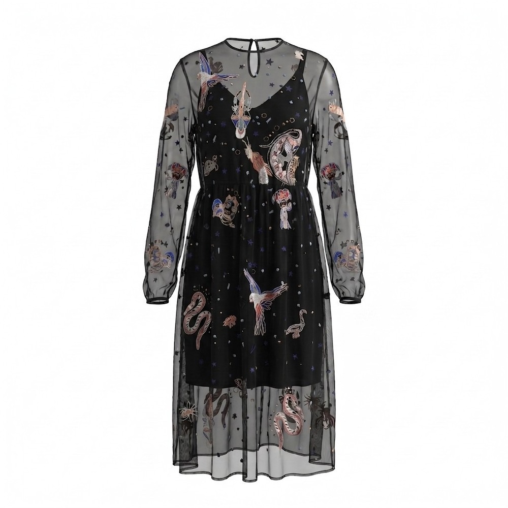 Zara Embroidered Celestial Animal Tulle Midi Dress Black Layered XS Whimsigoth